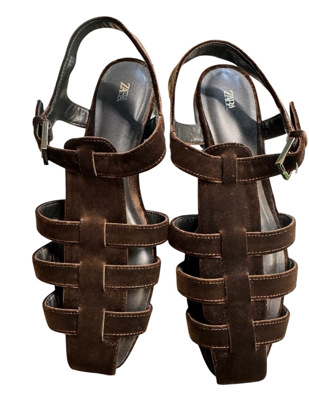 ZARA Brown Velvet Effect Caged Sandals Strappy Fisherman Flat Gladiator Buckle